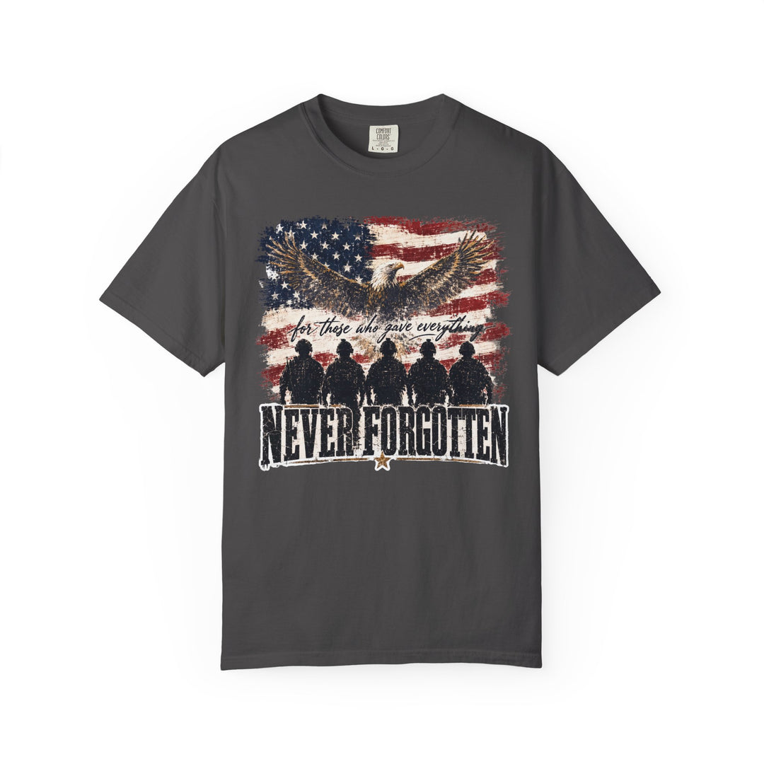 Never Forgotten Tee featuring a distressed American flag, soaring bald eagle, and silhouettes of service members with the phrase for those who gave everything.