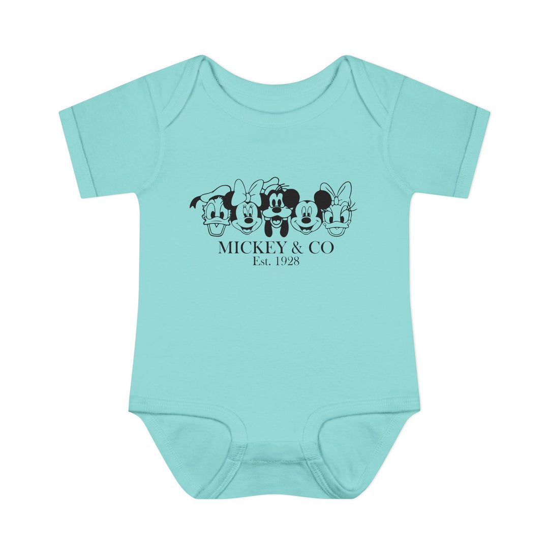Mickey and CO Onesie, an ultra-soft infant bodysuit with lap shoulders, made from ring-spun cotton, designed for comfort and easy adjustment. Ideal for sensitive skin.
