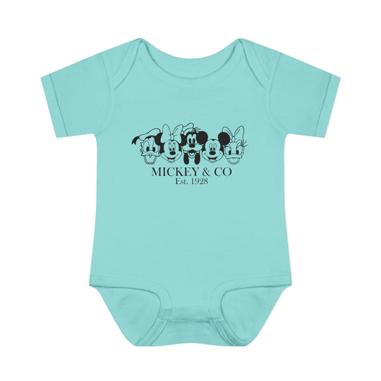 Mickey and CO Onesie, an ultra-soft infant bodysuit with lap shoulders, made from ring-spun cotton, designed for comfort and easy adjustment. Ideal for sensitive skin.