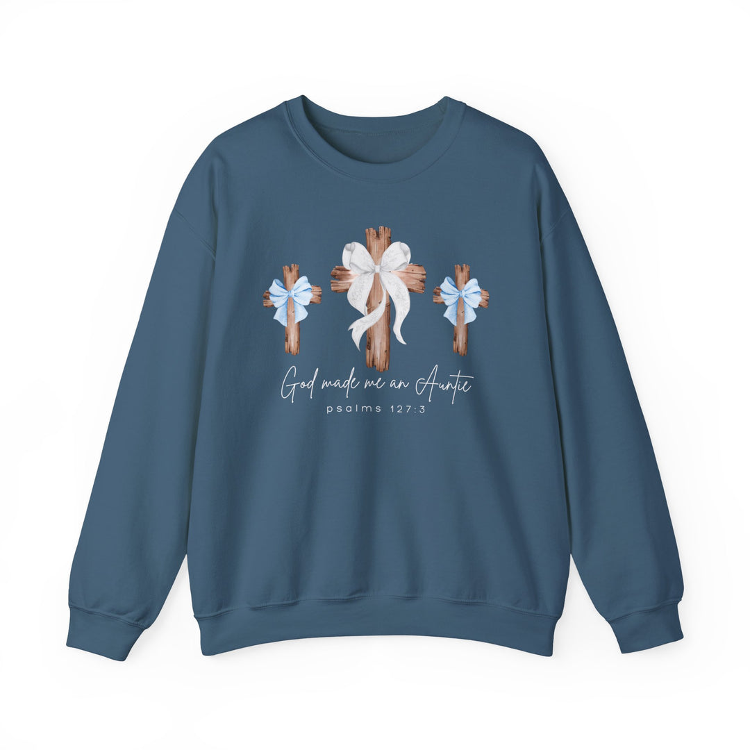 God Made Me a Boy Auntie Crew: Teal crewneck sweatshirt with three rustic wooden crosses, bows, Psalm 127:3 reference, emphasizing comfort and style in polyester-cotton blend.