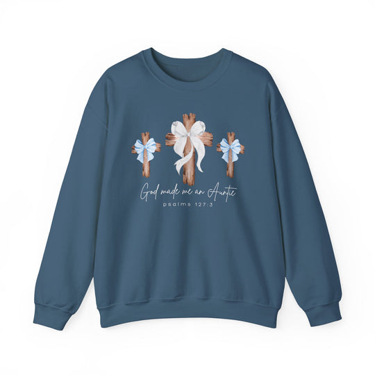 God Made Me a Boy Auntie Crew: Teal crewneck sweatshirt with three rustic wooden crosses, bows, Psalm 127:3 reference, emphasizing comfort and style in polyester-cotton blend.