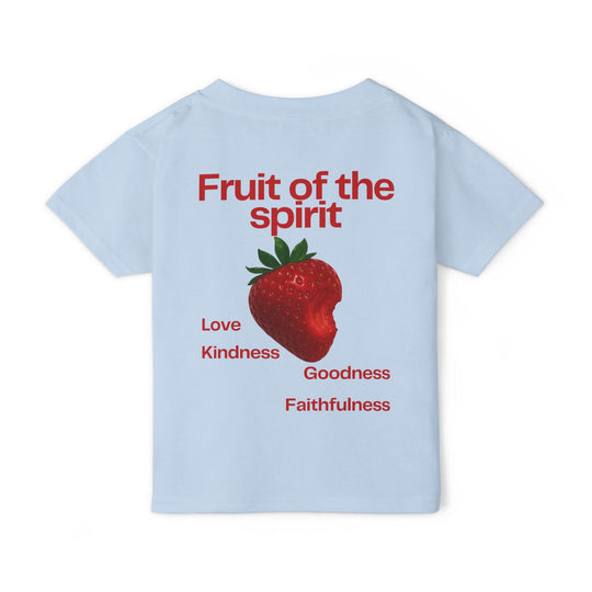 Fruit of the Spirit Toddler Tee features a light-blue back with red text and a bitten strawberry graphic, promoting values like Love and Kindness.