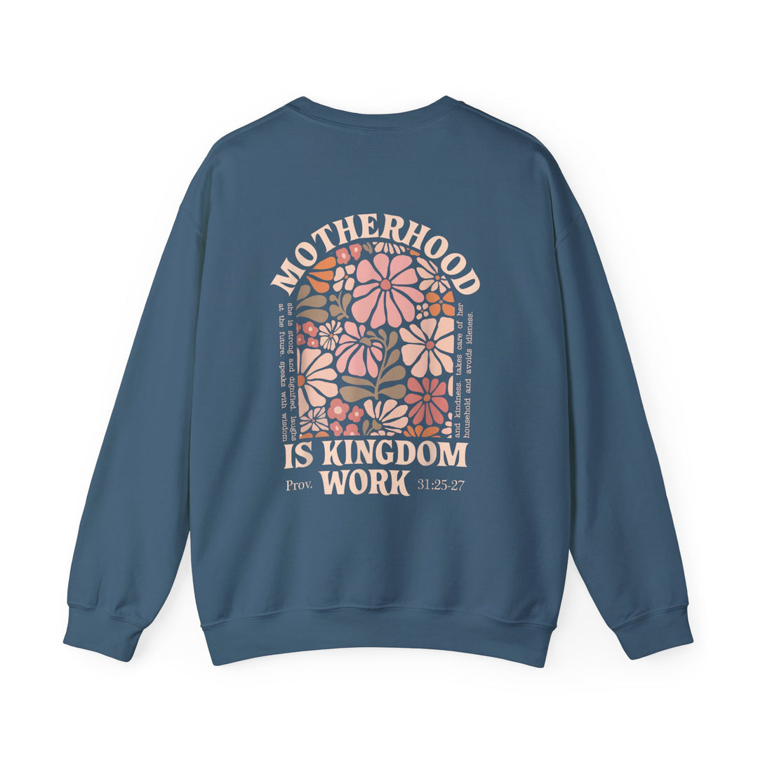Back view of the Motherhood Kingdom Work Crew sweatshirt featuring a retro floral graphic and Proverbs quote, highlighting its comfort and unique design.