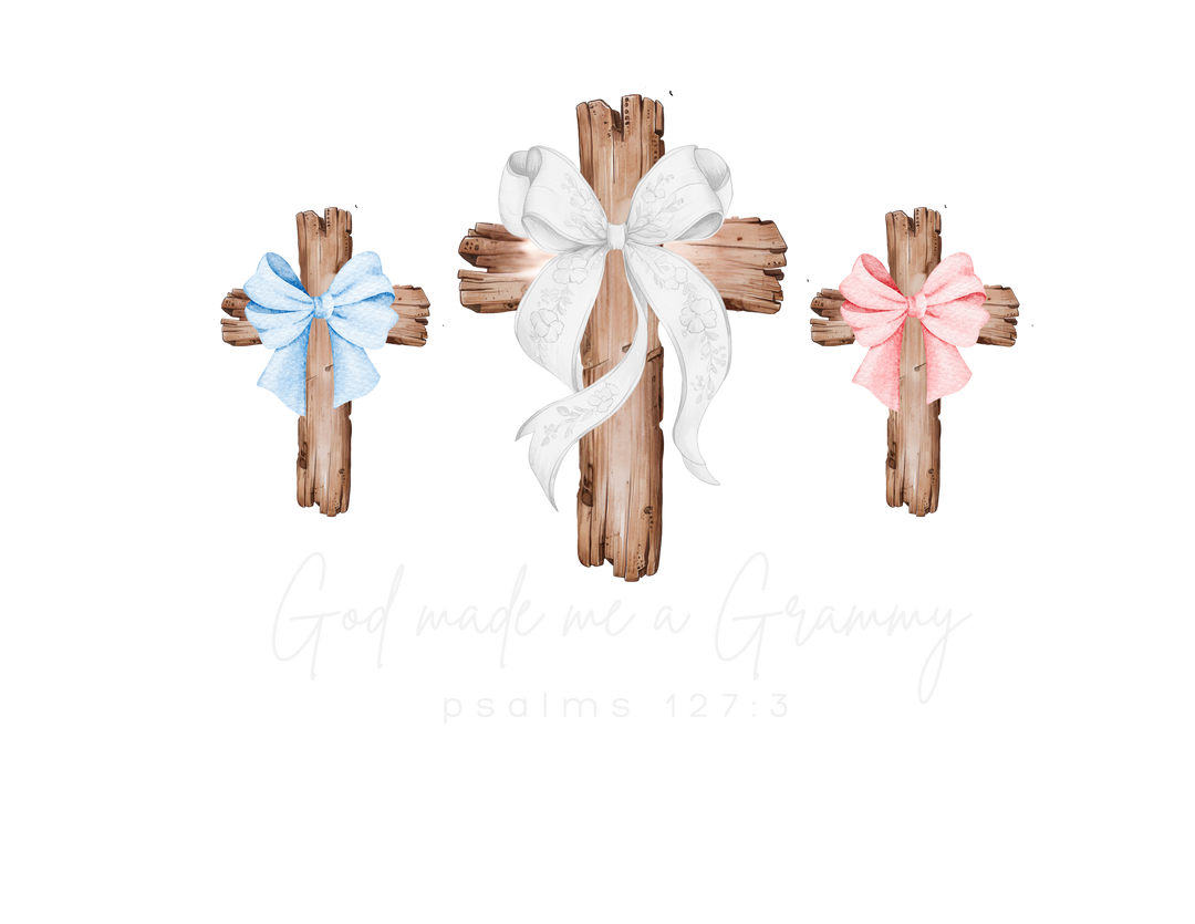 Three rustic wooden crosses with bows, and text God made me a Grammy, on a customizable Comfort Colors 1717 t-shirt by Faith Family Designs.
