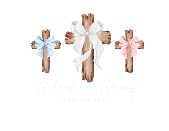 Three rustic wooden crosses with bows, and text God made me a Grammy, on a customizable Comfort Colors 1717 t-shirt by Faith Family Designs.