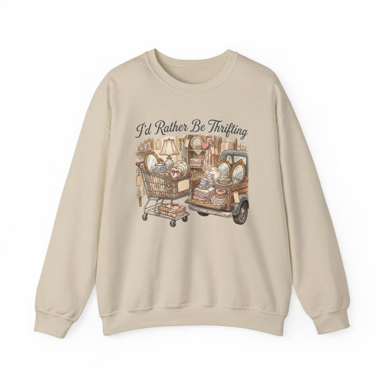 I'd Rather Be Thrifting Crew sweatshirt with whimsical thrift-themed graphic of vintage items in a shopping cart and pickup bed, celebrating secondhand treasure hunts.