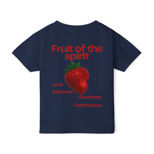 Fruit of the Spirit Toddler Tee features a strawberry graphic with words like Love and Kindness, printed on a navy-blue heavy cotton fabric.