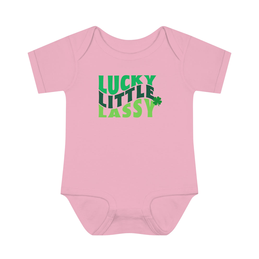 A Lucky Little Lassy Onesie for infants, featuring soft ring-spun cotton fabric and lap shoulders for comfort and ease. Unisex fit, light fabric, tear-away label. Ideal for younglings.