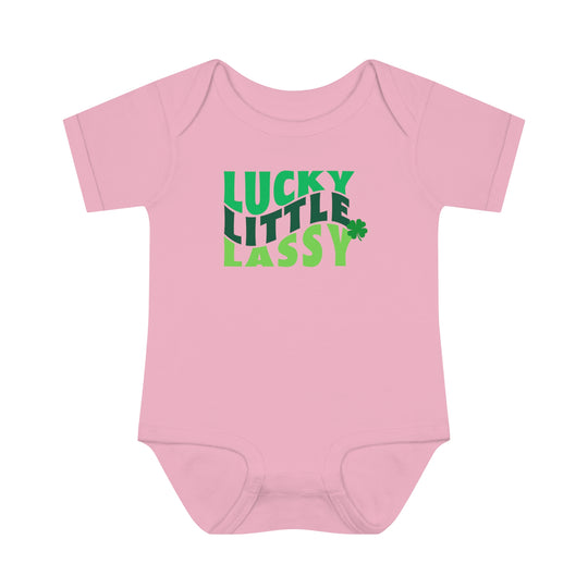 A Lucky Little Lassy Onesie for infants, featuring soft ring-spun cotton fabric and lap shoulders for comfort and ease. Unisex fit, light fabric, tear-away label. Ideal for younglings.