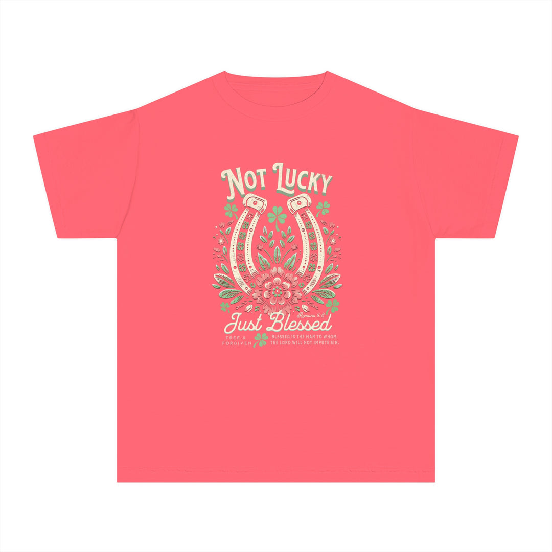 Blessed Tee: Pink t-shirt with a unique graphic design, crafted from 100% combed ringspun cotton for comfort and agility, ideal for kids' active lifestyles.