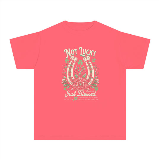 Blessed Tee: Pink t-shirt with a unique graphic design, crafted from 100% combed ringspun cotton for comfort and agility, ideal for kids' active lifestyles.