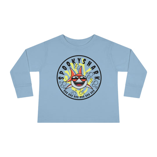 Spooky Shark Toddler Long Sleeve Tee featuring a cartoon shark with sunglasses on a blue shirt. Made of 100% combed ringspun cotton, with ribbed collar and EasyTear™ label for comfort and durability.