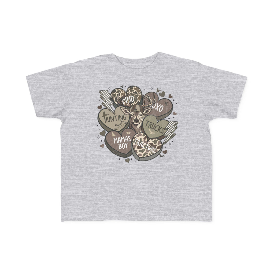 Boy Valentine Toddler Tee features a deer head with six earth-tone hearts labeled Hunting, Mud, XOXO, Trucks, Mama's Boy, Tractors, perfect for toddlers.