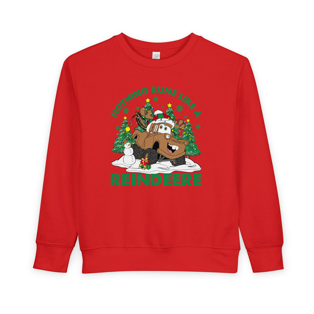 Reindeere Toddler Crew features a festive tow-truck reindeer design with snow, trees, and presents, perfect for keeping toddlers cozy and stylish.