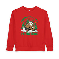 Reindeere Toddler Crew features a festive tow-truck reindeer design with snow, trees, and presents, perfect for keeping toddlers cozy and stylish.