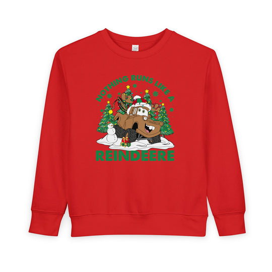 Reindeere Toddler Crew features a festive tow-truck reindeer design with snow, trees, and presents, perfect for keeping toddlers cozy and stylish.