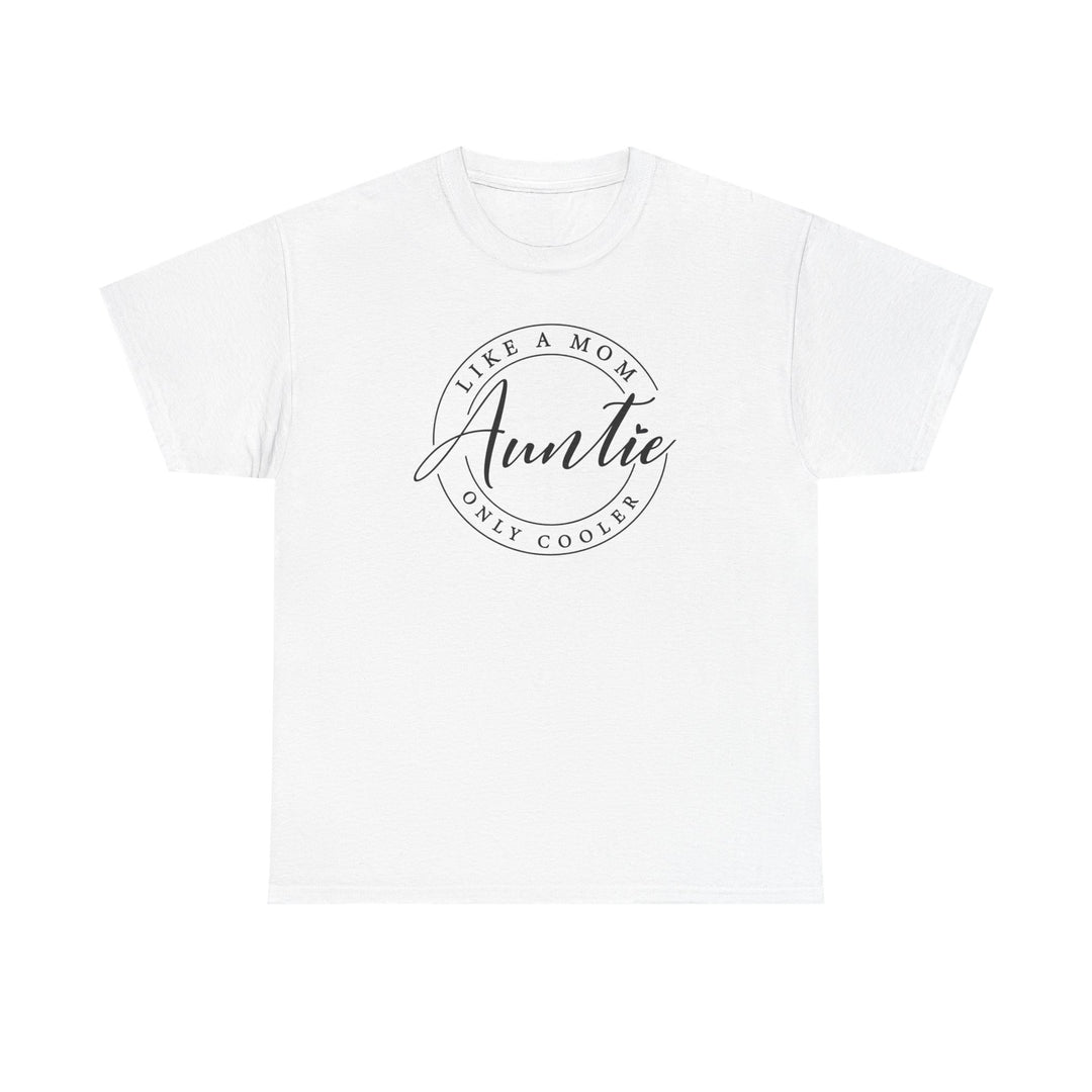 Unisex Auntie Tee featuring bold black text on a white cotton fabric, designed for comfort with a classic fit and tear-away label.