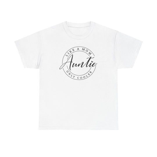 Unisex Auntie Tee featuring bold black text on a white cotton fabric, designed for comfort with a classic fit and tear-away label.