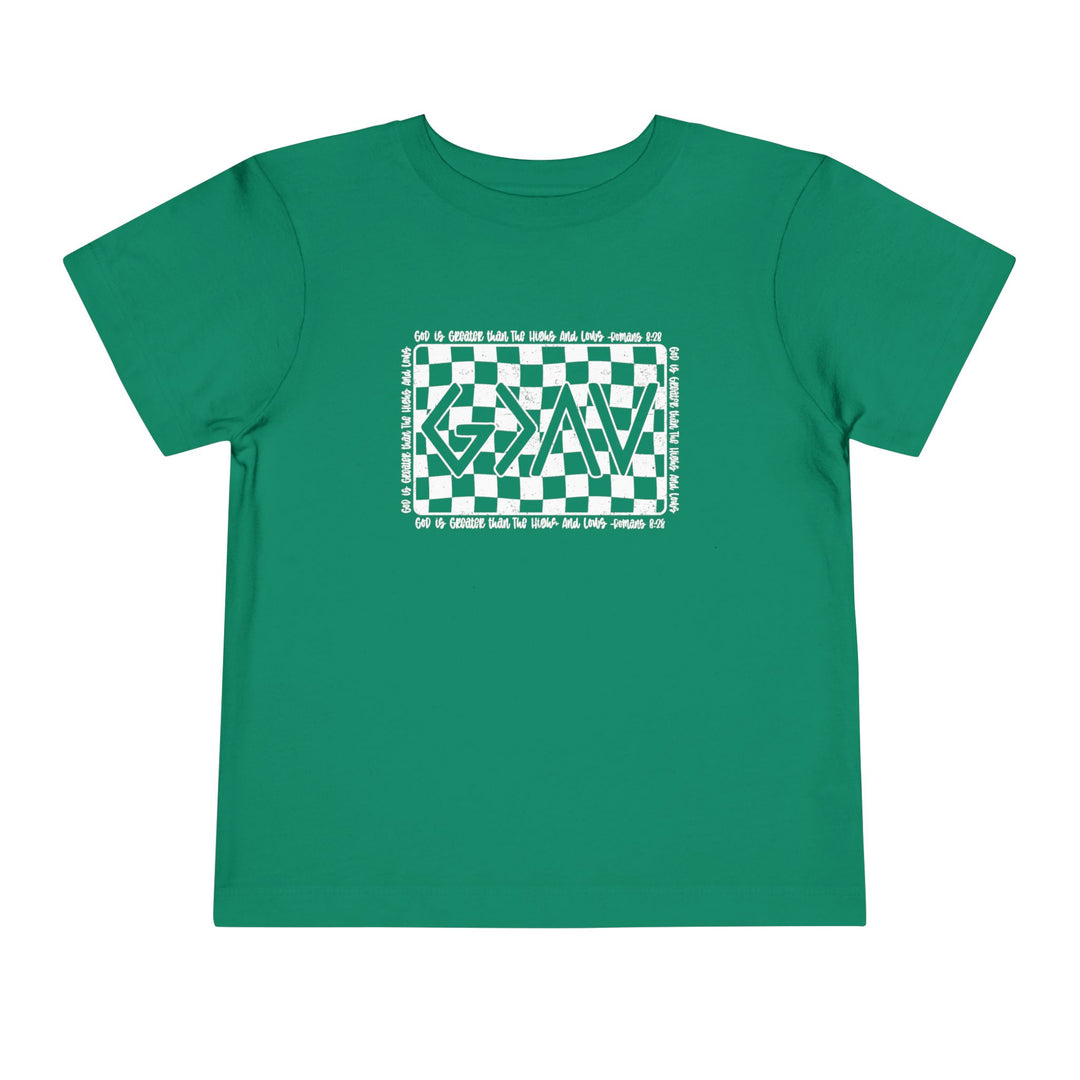 Gods Highs and Lows Toddler Tee: A green shirt with white text, featuring short sleeves and a comfortable fit for toddlers. Made from 100% Airlume combed cotton.