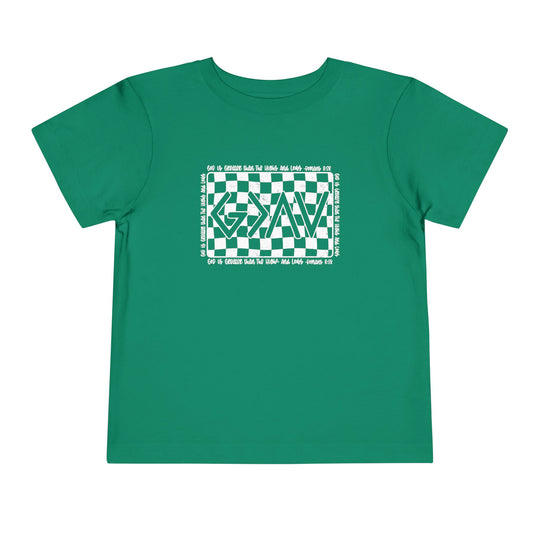 Gods Highs and Lows Toddler Tee: A green shirt with white text, featuring short sleeves and a comfortable fit for toddlers. Made from 100% Airlume combed cotton.