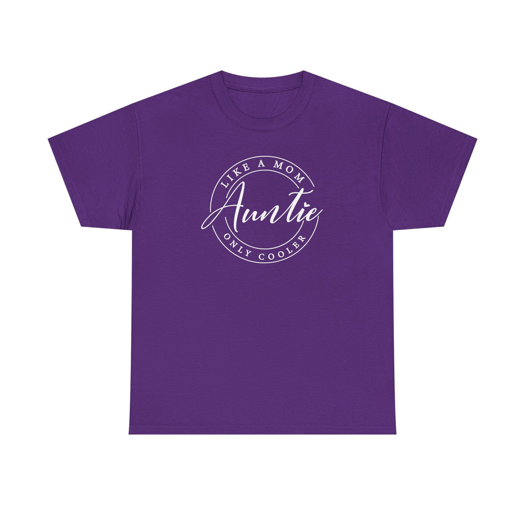 Auntie Tee, a purple unisex heavy cotton t-shirt with white text, offering a smooth surface for vivid printing and a classic fit.