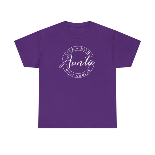 Auntie Tee, a purple unisex heavy cotton t-shirt with white text, offering a smooth surface for vivid printing and a classic fit.