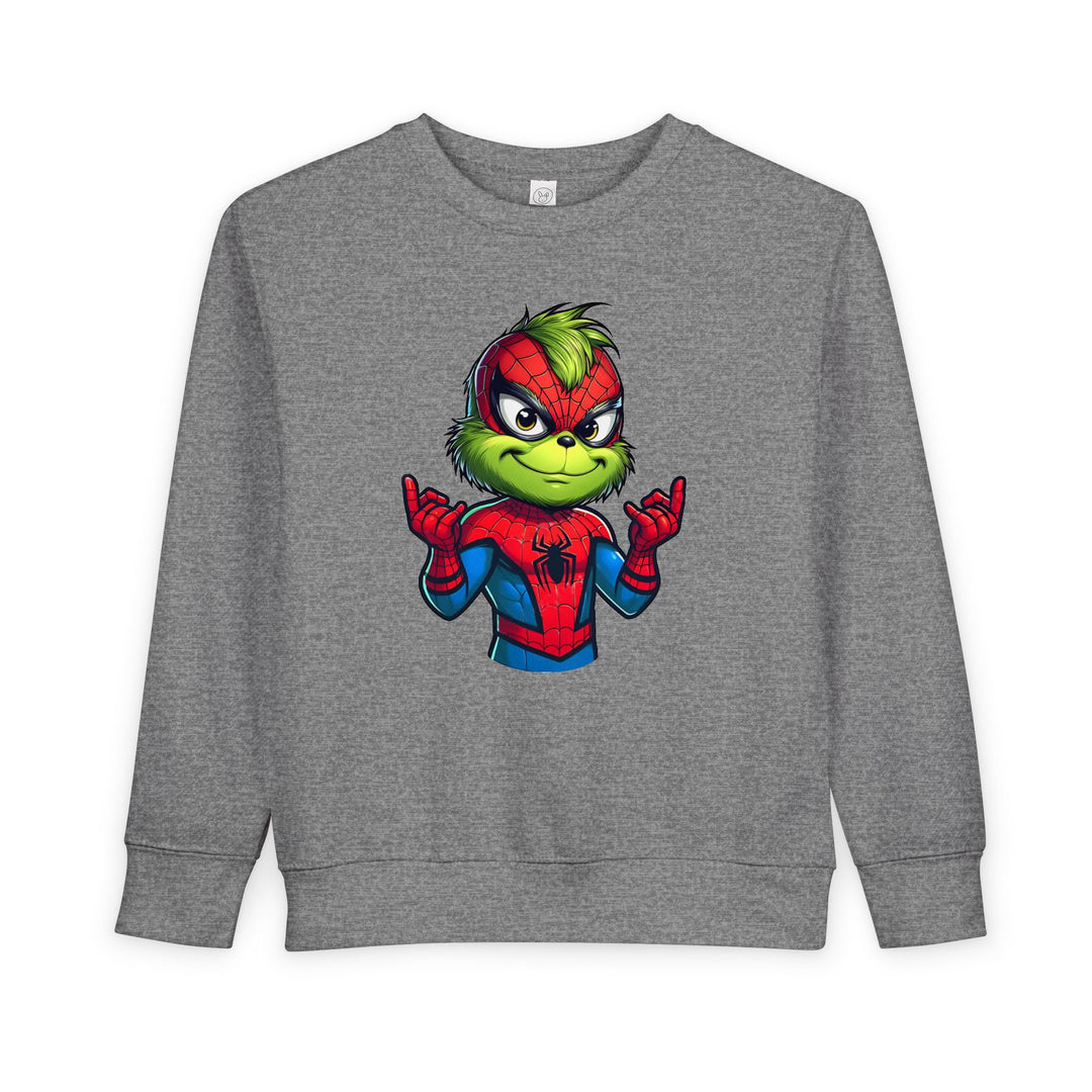 Christmas Spider Toddler Crew: Gray sweatshirt featuring the Grinch in a Spider-Man costume, crafted from a soft cotton-poly blend for cozy toddler wear.
