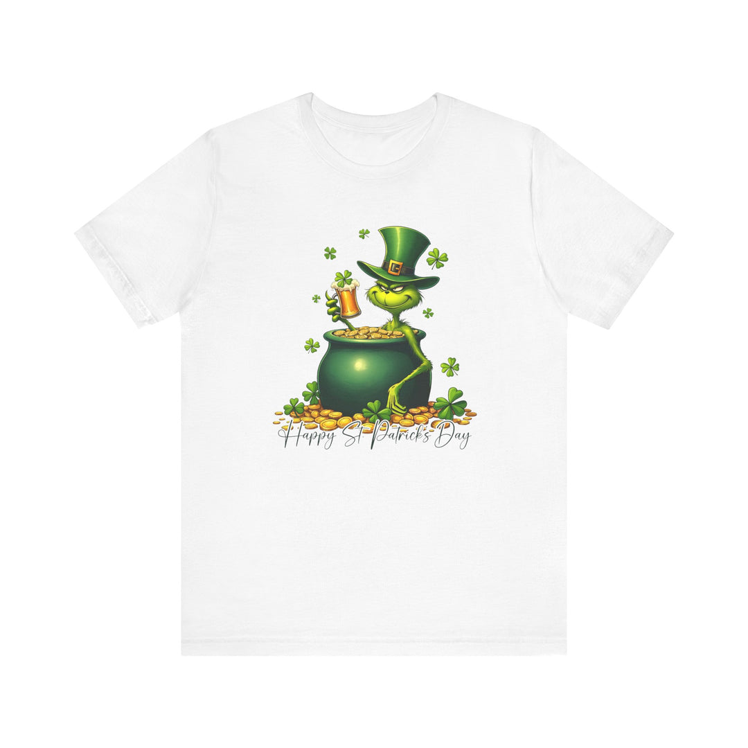 Grinchy St Patrick's Tee featuring a green cartoon character with a beer and pot of gold, printed on a classic white unisex t-shirt.