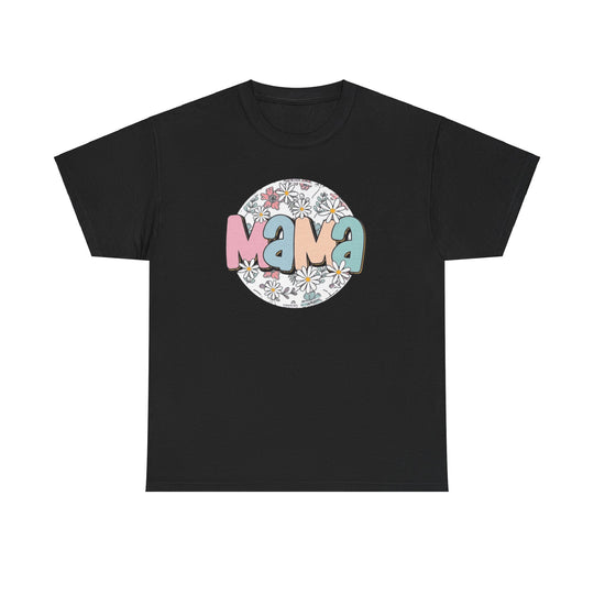 Unisex Sassy Mama Flower Tee with a graphic design featuring a circle of colorful text and flowers. Classic fit, ribbed knit collar, and durable construction. Medium weight fabric, 100% cotton. Sizes S-5XL.
