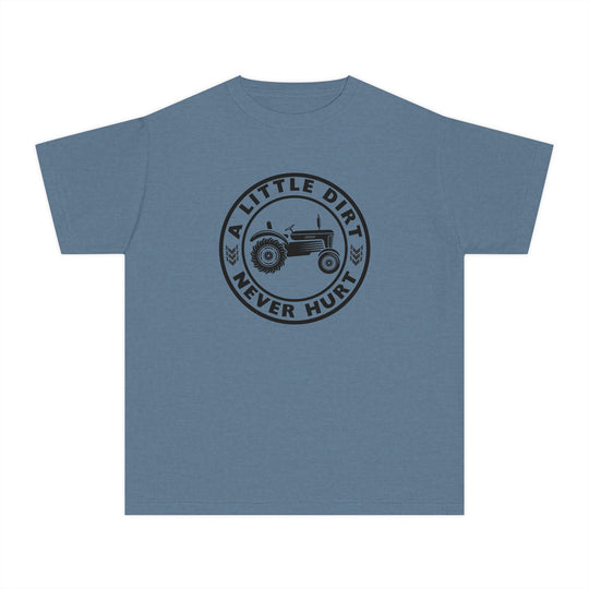 Blue kids' T-shirt featuring a black tractor graphic, A LITTLE DIRT NEVER HURT slogan, made from soft, 100% combed cotton for comfort and agility.