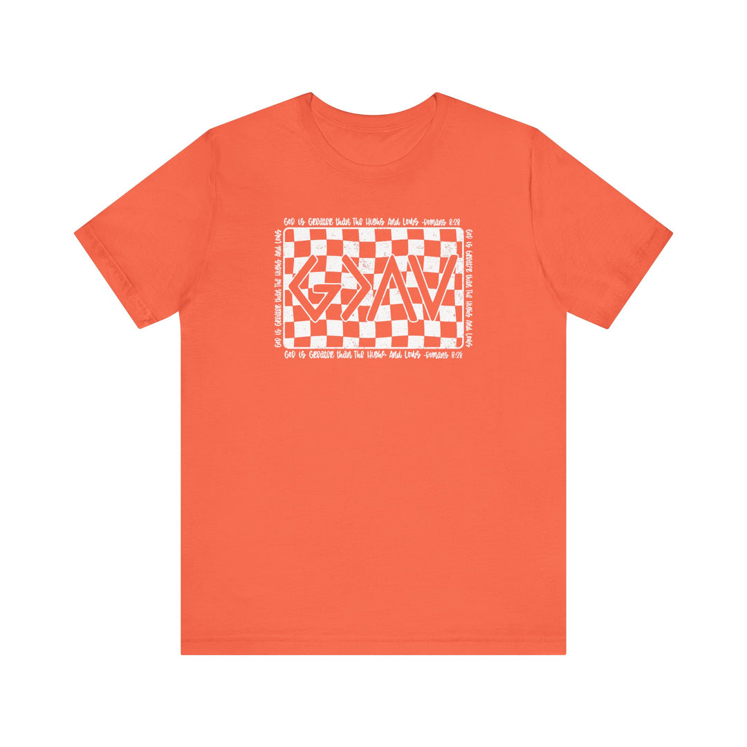God Highs and Lows Tee, a red unisex short sleeve t-shirt with white text, offering a comfortable fit and soft cotton fabric.