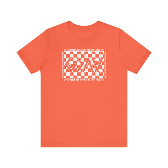God Highs and Lows Tee, a red unisex short sleeve t-shirt with white text, offering a comfortable fit and soft cotton fabric.
