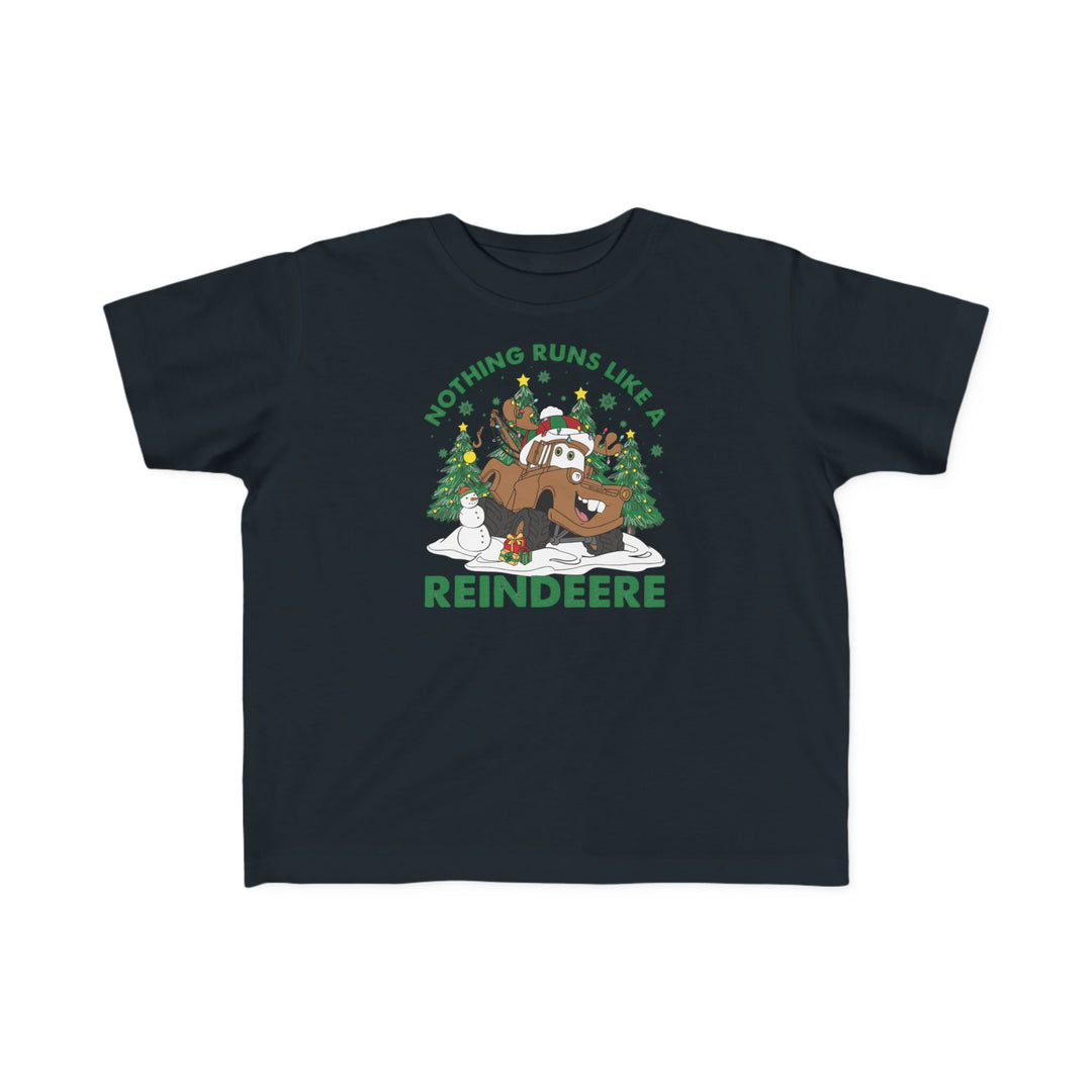 Reindeere Toddler Tee featuring a festive cartoon truck with reindeer antlers, surrounded by Christmas elements and the slogan “Nothing runs like a REINDEERE.”