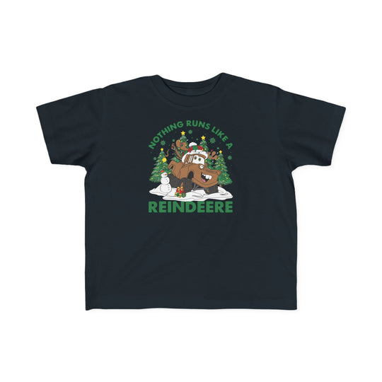Reindeere Toddler Tee featuring a festive cartoon truck with reindeer antlers, surrounded by Christmas elements and the slogan “Nothing runs like a REINDEERE.”