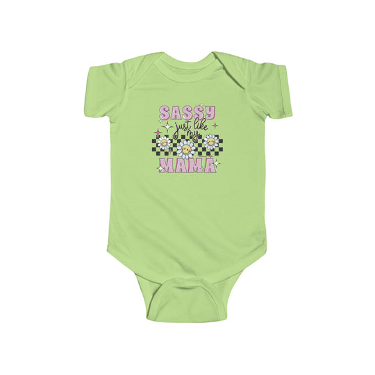 A durable and soft infant bodysuit featuring a sassy like my mama graphic. Made of 100% cotton, with ribbed knitting for durability and plastic snaps for easy changing. From Worlds Worst Tees.