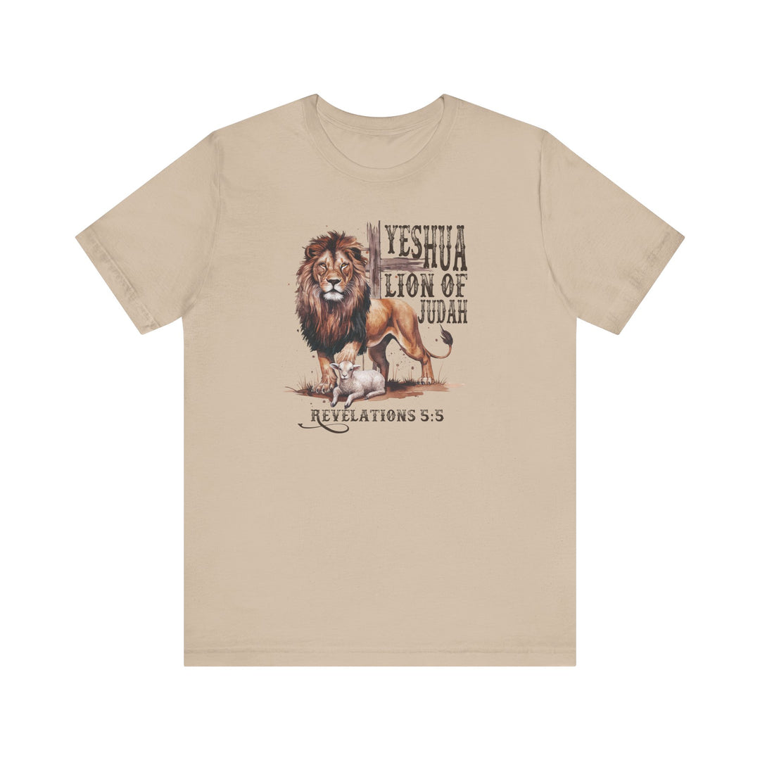 Yeshua Lion of Judah Tee featuring a lion and lamb graphic, classic unisex fit with short sleeves, and soft cotton for comfort.