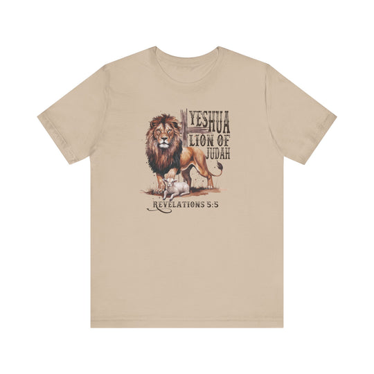 Yeshua Lion of Judah Tee featuring a lion and lamb graphic, classic unisex fit with short sleeves, and soft cotton for comfort.