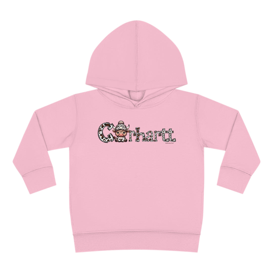 Toddler hoodie with a cow wearing a hat and a logo, designed for comfort and durability. Features jersey-lined hood, cover-stitched details, and side seam pockets for coziness. From Worlds Worst Tees.
