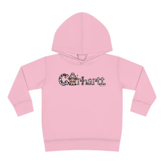 Toddler hoodie with a cow wearing a hat and a logo, designed for comfort and durability. Features jersey-lined hood, cover-stitched details, and side seam pockets for coziness. From Worlds Worst Tees.