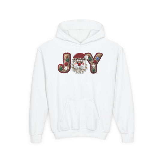 Joy Youth Hoodie featuring a white pullover design with JOY in hooked-rug style and Santa-face motif. Includes a front kangaroo pocket. Ideal for custom embroidery.