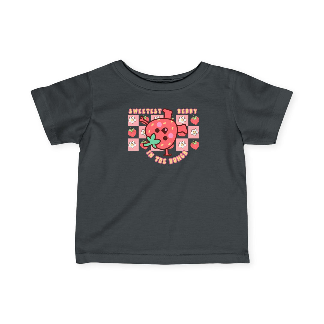 Sweetest Berry in the Bunch Baby Tee, featuring durable ribbed knitting, side seams, and taped shoulders for comfort and fit. Perfect for infants, ensuring style and ease.