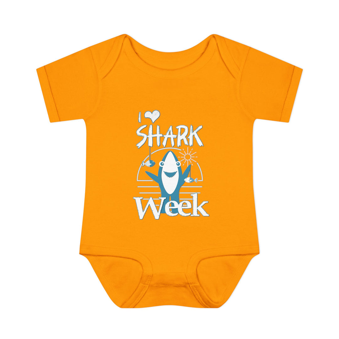 Infant I Love Shark Week onesie, showcasing lap shoulders for easy dressing, made from soft ring-spun cotton, suitable for delicate baby skin.