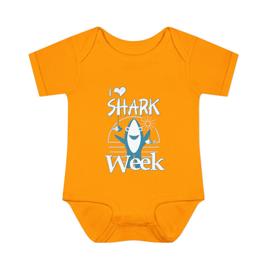 Infant I Love Shark Week onesie, showcasing lap shoulders for easy dressing, made from soft ring-spun cotton, suitable for delicate baby skin.