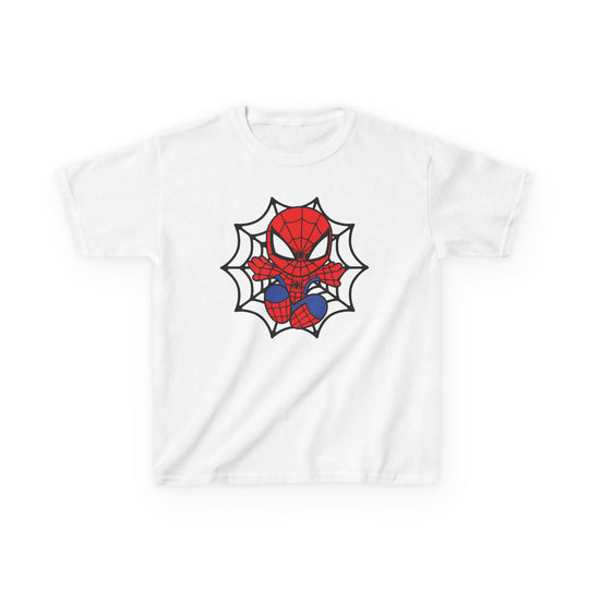 Spider Kid Kids Tee featuring a chibi Spider-Man in red-and-blue costume on a plain white T-shirt, ideal for everyday wear.