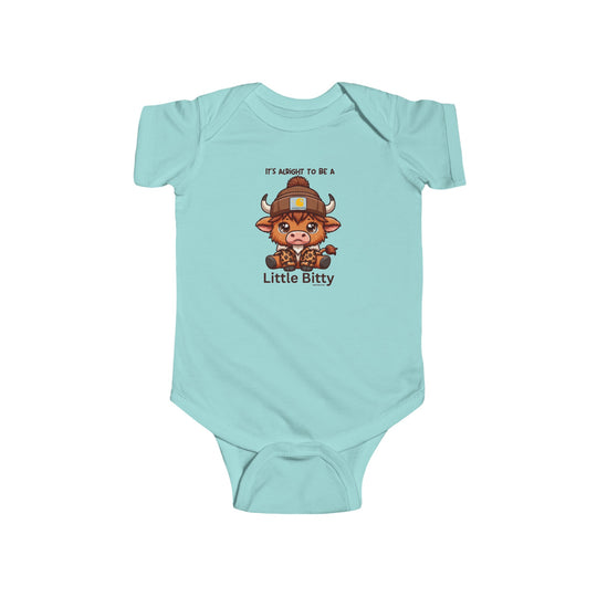 A Little Bitty Onesie featuring a cartoon cow, perfect for infants. Made of 100% cotton, with ribbed bindings and plastic snaps for easy changes. From Worlds Worst Tees.