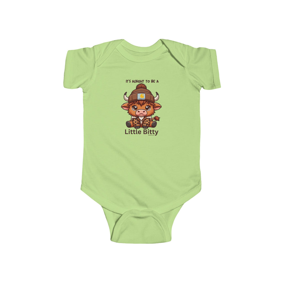 A green baby bodysuit featuring a cartoon cow, ideal for infants. Made of 100% cotton, with ribbed knitting for durability and plastic snaps for easy changing access. From Worlds Worst Tees' Little Bitty Onesie collection.