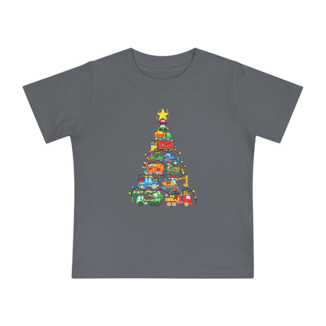 Christmas Truck Baby Tee featuring colorful vehicles stacked as a Christmas tree, with string lights and a star, on a soft, shrink-resistant gray fabric.
