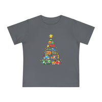 Christmas Truck Baby Tee featuring colorful vehicles stacked as a Christmas tree, with string lights and a star, on a soft, shrink-resistant gray fabric.