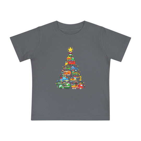 Christmas Truck Baby Tee featuring colorful vehicles stacked as a Christmas tree, with string lights and a star, on a soft, shrink-resistant gray fabric.