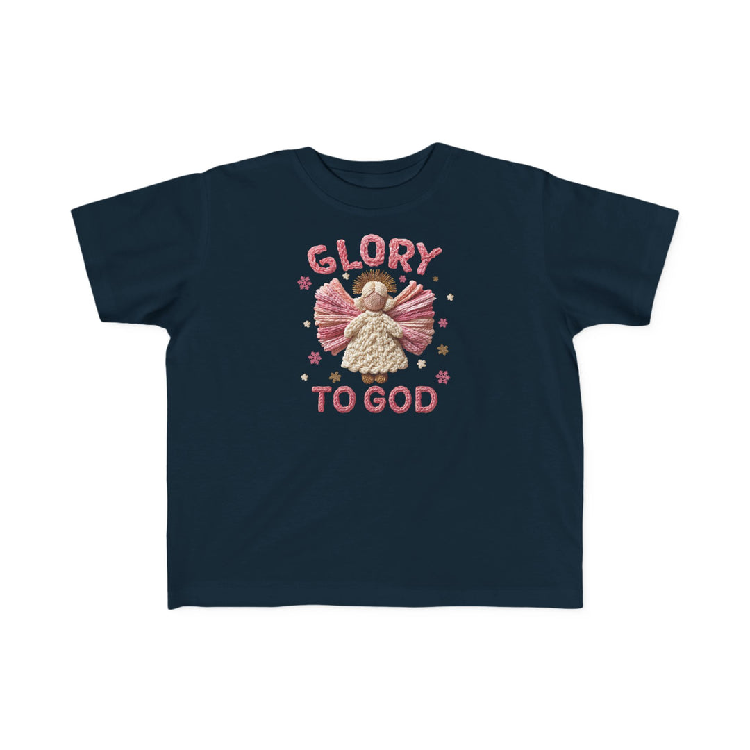 Glory to God Toddler Tee featuring a yarn-style angel with pink wings and halo, cream dress, on a dark-navy shirt, perfect for toddlers' sensitive skin.